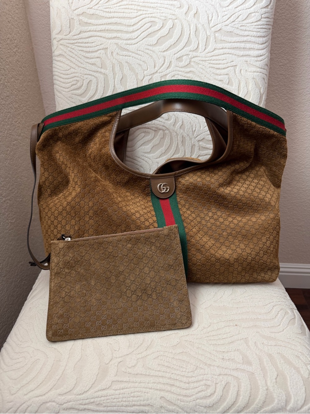 Authentic Gucci Giglio Tan Suede Hobo with Green-Red Web Stripe